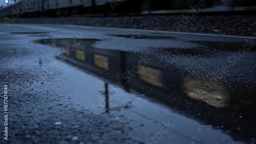 Wallpaper Mural A rainy evening with a blurred view of a train reflected in a puddle on the asphalt Torontodigital.ca