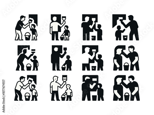 Father-Son Project Icons. A father and son working together on a home improvement project. Icon set. Set Logo of A father and son working together on a home