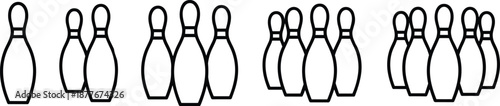 Bowling pins outline icons collection, black line vector illustration set of ten pin bowling skittles isolated on white background