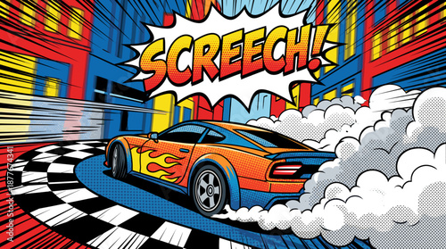 A comic-style illustration of a speeding sports car screeching around a corner, exuding a sense of speed and action. With a dynamic use of color, the artwork captures a moment of intense driving