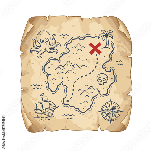 A vintage treasure map, complete with iconic symbols. This aged map guides the way to a hidden treasure, marked by a bold red X.