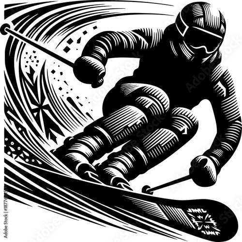 Alpine Descent: A skier carves through fresh powder, embodying speed, skill, and the thrill of the mountain. A dynamic illustration that highlights the power and grace of alpine sports.