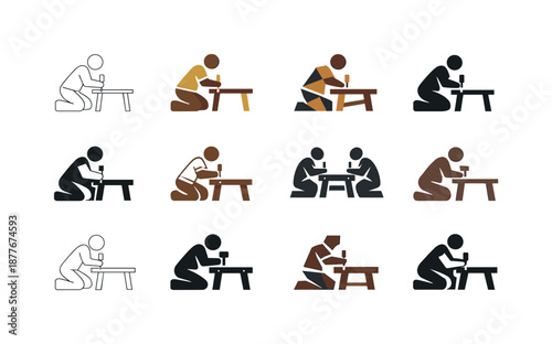 Woodworking Icon Variations. Woodworking and building furniture. Icon set. Set Logo of woodworking and building furniture: wooden table assembly. harmonious