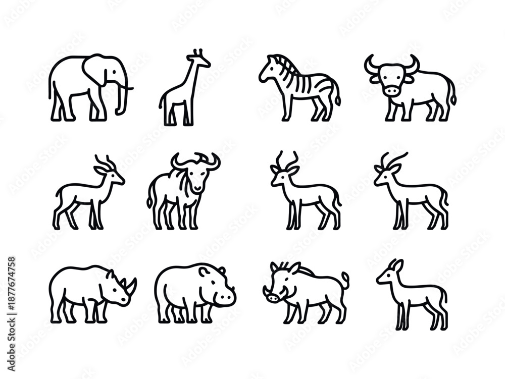 Fototapeta premium Savanna Herbivore Icons. Savanna Herbivores. Line icon set of Savanna Herbivores: elephant, giraffe, zebra, buffalo, antelope, wildebeest, impala, gazelle,