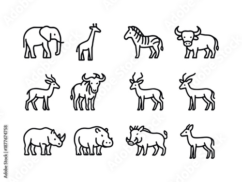 Savanna Herbivore Icons. Savanna Herbivores. Line icon set of Savanna Herbivores: elephant, giraffe, zebra, buffalo, antelope, wildebeest, impala, gazelle,