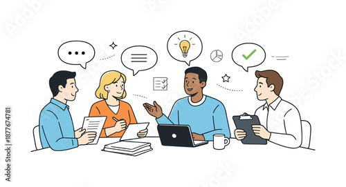 Teamwork and Collaboration. Professional team discussion. Colleagues sharing viewpoints with speech bubbles and documents. Respectful dialogue and thoughtful