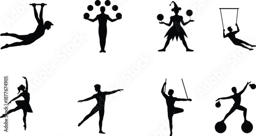 Circus performer silhouette set with acrobat juggler dancer aerial artist entertainment show black and white vector illustration