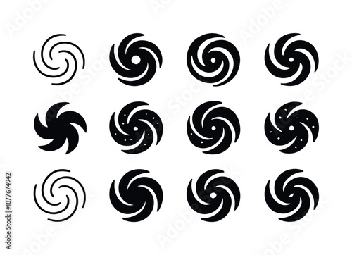 Galactic Core Icons. Galactic core. Icon set. Set Logo of Galactic core: Supernova remnant swirl: Symmetrical form, Abstract geometric, Minimal outline, Filled