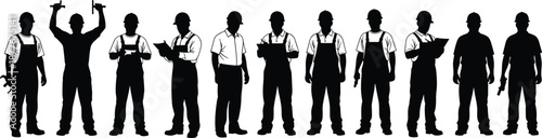 Silhouette Vector Illustration of Large Group of Construction Workers Standing in a Row Holding Tools and Helmets for Industrial Industry