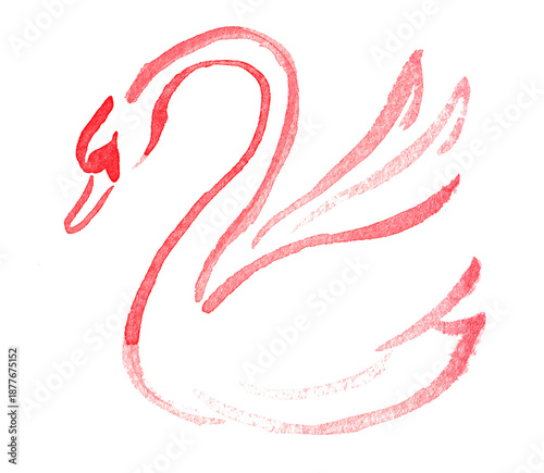 Minimalist red watercolor painting of a graceful swan with loose, artistic brushstrokes, isolated png
