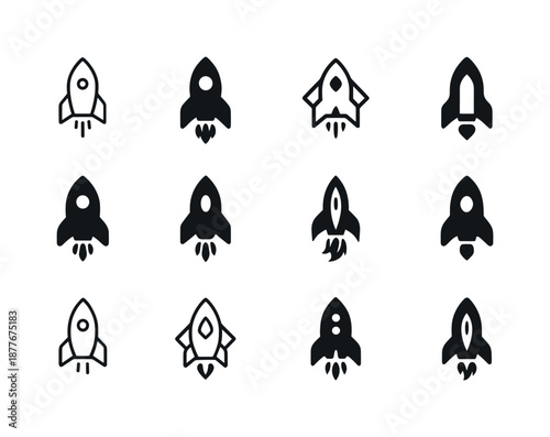 Tech Startup Icons. Tech startups. Icon set. Set Logo of tech startups: rocket launch symbol. harmonious logo variations of the same emblematic concept, each
