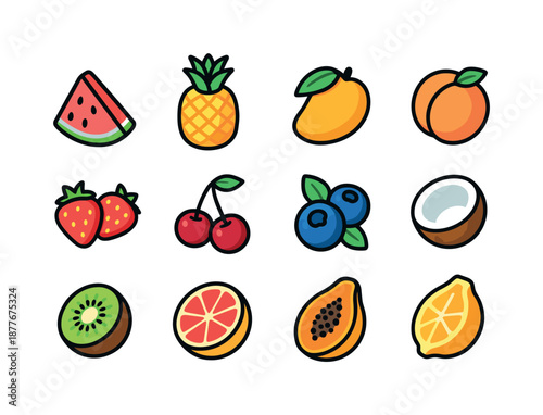Summer Fruit Icons. Summer fruits. Colorful isometric vector icons set of summer fruits: watermelon slice, pineapple, mango, peach, strawberries, cherries,