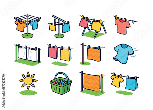Colorful Outdoor Drying Icons. Outdoor drying. Colorful isometric vector icons set of outdoor drying: rotary line, clothesline pole, backyard drying rack, line