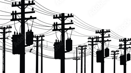 Electric power grid silhouette, multiple utility poles and transformers with cables, urban energy distribution system, industrial infrastructure, electricity transmission network