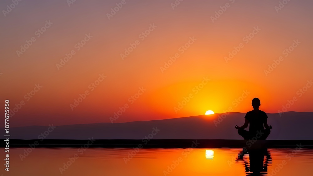Fototapeta premium Person meditating in lotus position by calm water during golden sunset with vibrant orange sky reflection creating peaceful zen atmosphere for wellness.