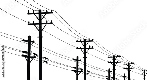 Electric power line and utility pole silhouette with overhead cables perspective energy transmission infrastructure black and white vector illustration
