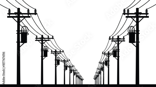 Electric power line pole silhouette symmetry with overhead wires infrastructure energy transmission black and white vector illustration design