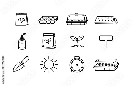 Vegetable Seed Icons. Vegetable seed starting. Line icon set of Vegetable seed starting: seed packet, seed tray, humidity dome, heating mat, watering bottle,