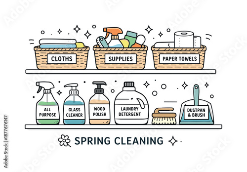 Organized Spring Essentials. Spring cleaning tools and labels. A calm editorial scene of shelves with baskets, bottles, and clear labels aligned evenly,