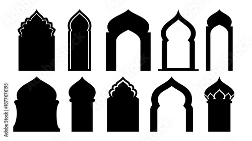 Islamic arch & window silhouettes vector, Ramadan greeting card design