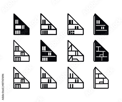 Geometric Bookshelf Icons. Geometric bookshelf with a modern, artistic design. Icon set. Set Logo of Geometric bookshelf with a modern, artistic design: