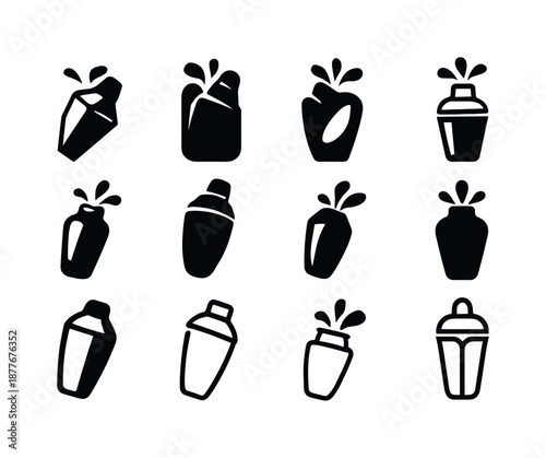 Creative Cocktail Logos. Cocktail specials. Icon set. Set Logo of cocktail specials: shaker and splash. harmonious logo variations of the same emblematic