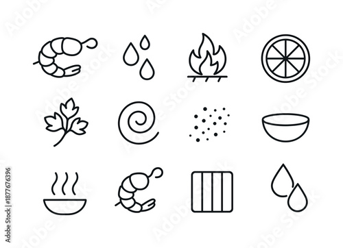 Shrimp Skewer Icons. Shrimp skewers. Line icon set of shrimp skewers: shrimp twist icon, marinade droplets, grill flare, citrus ring, chopped herb sprig,