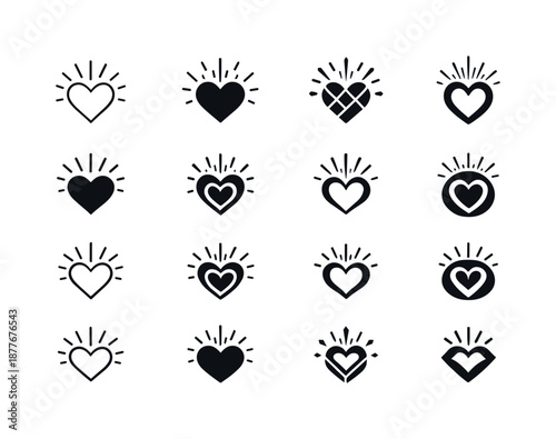 Grateful Heart Icons. grateful heart. Icon set. Set Logo of grateful heart: heart with radiating lines. harmonious logo variations of the same emblematic