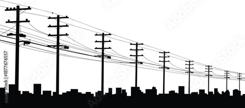 Electric power line silhouette over urban city skyline, utility poles and overhead wires, electricity distribution network, energy infrastructure, industrial grid illustration
