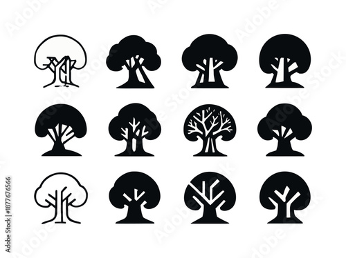 Light Ray Logos. light ray through trees. Icon set. Set Logo of light ray through trees: canopy with light shaft. harmonious logo variations of the same