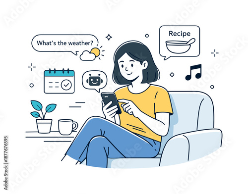 Everyday AI Convenience. AI with humans everyday life. Person using AI on a phone or tablet for simple tasks, relaxed posture and clean environment.
