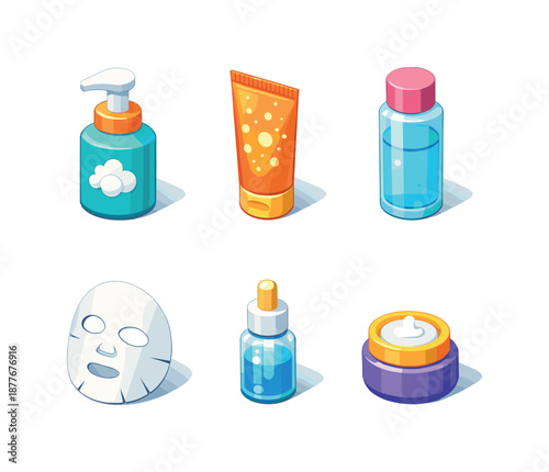 Facial Care Icons. Facial Care. Isometric flat vector icons set of facial care: face wash pump bottle, exfoliating scrub tube, hydrating toner bottle, essence