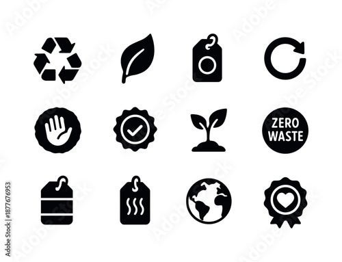 Eco-Friendly Icon Set. Eco-conscious branding. Solid icon set of eco-conscious branding: recycling symbol, leaf emblem, sustainable tag, circular arrow badge,