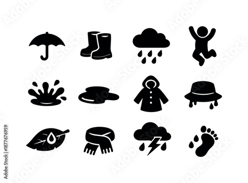 Rainy Day Icons. Rainy day fun. Solid icon set of rainy day fun: umbrella, rain boots, cloud with rain, playful jump, splash icon, puddle outline, raincoat,