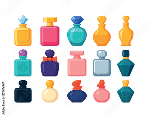 Luxury Perfume Icons. Luxury Perfume Bottles. Colorful flat vector icons set of Luxury Perfume Bottles: crystal stopper bottle, gold-trimmed bottle, gemstone