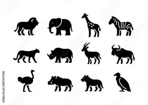 Savanna Animal Icons. Savanna Animals. Solid icon set of Savanna Animals: lion, elephant, giraffe, zebra, cheetah, rhinoceros, antelope, wildebeest, ostrich,