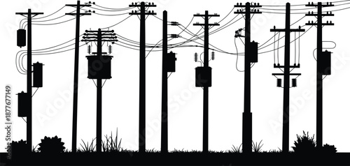 Electric power line silhouette with utility poles and transformers, overhead electricity distribution network, energy infrastructure grid system, industrial technology illustration