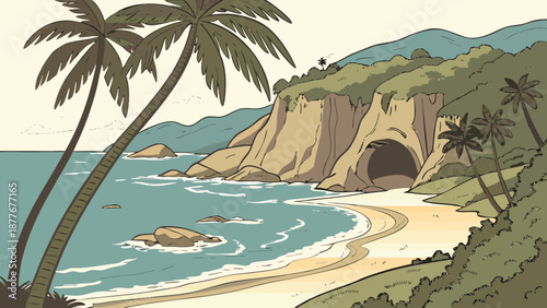 Serene tropical beach with palm trees cliffside cave and turquoise ocean waves on a sunny day