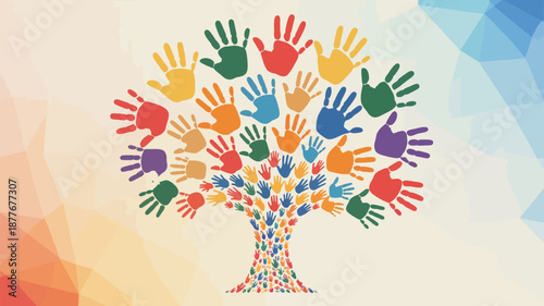 Diverse hands forming a tree symbolizing unity and diversity on a colorful abstract background with a beige circle