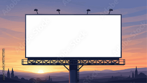 A large blank billboard standing alone at sunset with cityscape and mountains in the background