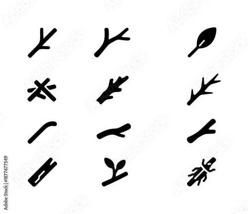 Natural Sticks Icon Set. Natural Sticks. Solid icon set of Natural Sticks: twig, branch, leaf on stick, stick pile, dry wood, thorny stick, curved stick,