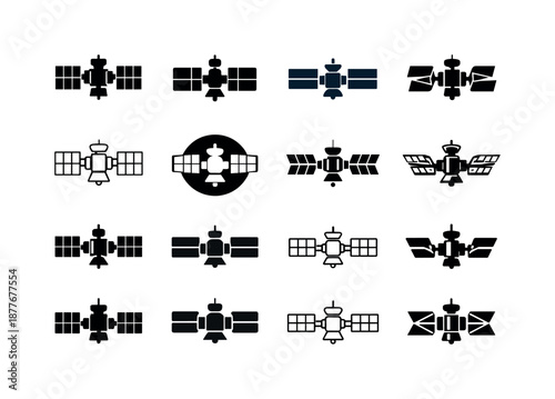 Space Station Logos. Space stations. Icon set. Set Logo of Space stations: space station with antenna arrays. harmonious logo variations of the same emblematic