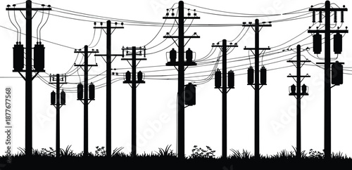 Electric power line silhouette with utility poles and transformers, overhead electricity distribution network, energy infrastructure grid system, industrial technology, black white illustration