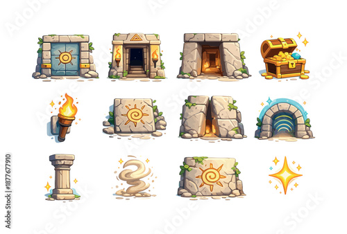 Hidden Chambers Icons. Hidden chambers. Colorful flat vector icons set of hidden chambers: sealed stone door, carved doorway, secret tunnel entrance, treasure