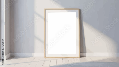 A large blank picture frame standing against a wall in a room with sunlight