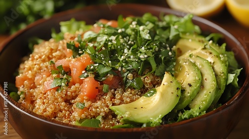 Healthy quinoa bowl with fresh avocado slices, mixed greens, diced tomatoes and sesame seeds in wooden bowl for nutritious meal planning and clean eating.