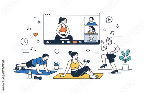 Virtual Fitness Class. Fitness class online session. People exercising at home through a video class interface. Modern digital fitness and comfortable remote