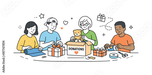 Gift Wrapping Generosity. Group wrapping gifts for those in need. Editorial scene highlighting generosity, teamwork and positive social impact through small