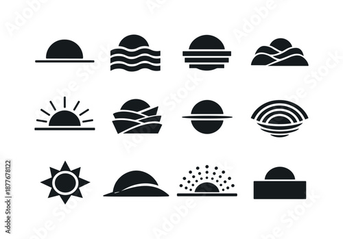 Black Icon Artscape. Sunrise and sunset. Solid icon set of abstract horizon art: semicircle arc, layered waves, gradient stripes, stacked hills, expanding