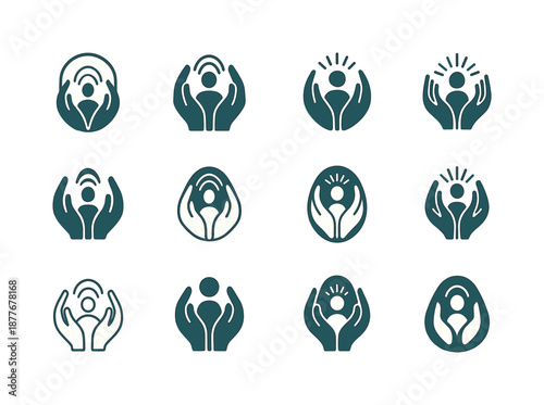Therapeutic Touch Icons. Therapeutic touch. Icon set. Set Logo of therapeutic touch: soothing aura field. harmonious logo variations: Abstract geometric, Flat